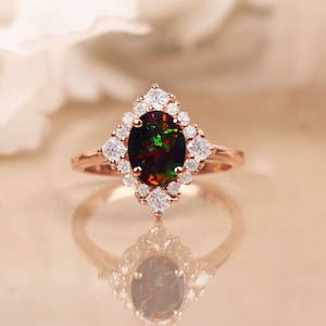 Oval Black Opal Wedding Ring, Anniversary Ring For Her Women, Diamond Rose Gold Ring, Black Opal Halo Ring, Opal Jewelry, Mom Birthday Gifts