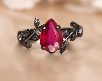 Black Rhodium Silver Ruby Engagement Ring, Proposal Ring, Bridal Jewelry