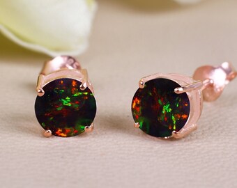 6MM Round Black Opal Earring, Minimalist Earring Studs ,14K Gold Earring, Bridal Gifts, Women Earing Studs, Bridesmaid Earring, Gift For Her