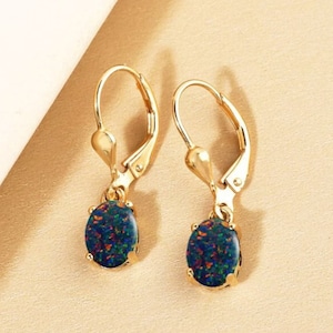 14K Gold Black Opal Earring, Leverback Earring, Wedding Bridal Gifts, Drop and Dangle Earring, Black Fire Opal Jewelry, Women Earring ,Gifts