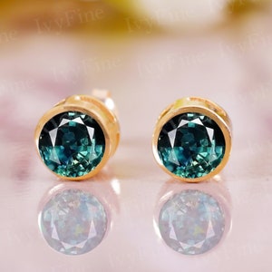 Green Teal Sapphire Earring Studs, Sapphire Round earring, Bridesmaid Gifts, Earring Stud, Birthstone jewelry, Women Earring, Gifts for Mom