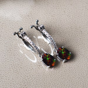 Natural Black Opal Leverback Earring, Oval Shaped Wedding Ring, Drop & Dangle Earring, Opal Jewelry, Moissanite Accent Earring, Gold Earring