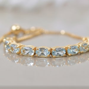 14K Weißgold Aquamarin Armband, Bolo Kette Armband, Oval Aqua Armband, Jubiläumsgeschenke für Frauen, verstellbares Kettenarmband, Schmuck