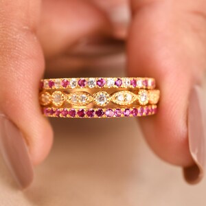 Ruby Diamond Wedding Bands, 3PCS Gold Stacking Rings, Bridal Wedding Ring Sets, Diamond Engagement Bands Sets Luxury Gifts For Her Jewelry