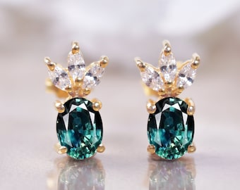 14K Gold Teal Sapphire Earrings, Pineapple Earring 925 Sterling Silver Stud Earring for Women