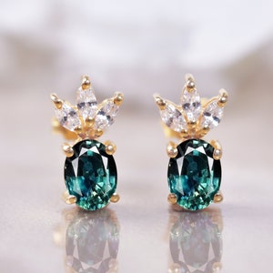 14K Gold Teal Sapphire Earring, Engagement Gifts,Pineapple Shaped Earring, Sapphire Oval Studs,Anniversary Gift ,Stud Earing, Unique jewelry