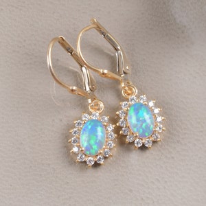 14K Gold Opal Earring, Opal Drop Earring, Wedding Bridal Gifts, Oval Shaped Leverback Earring, Dangle Earring, Opal Jewelry, Gifts For Love
