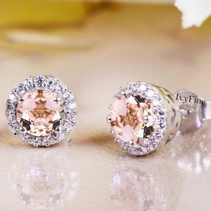 Unique Morganite Stud Earrings, Women&#39;s Halo Earring, Personalized Gift, Bridal Stud, Earring Studs, Art Deco Vintage Earring, Gift For Love