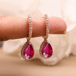 Unique Ruby Lever back Earring for Wife, Bridal earring, Wedding Gifts, Pear Shape Ruby earring, Birthstone Jewelry, Ruby Tear Drop Earrings