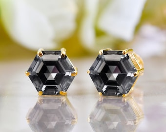 Grey Diamond 14K Gold Hexagon Stud Earrings in silver