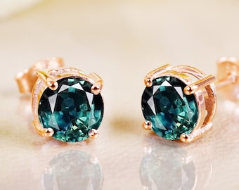 Teal Sapphire Stud Earrings, 14K Yellow Gold, Bridesmaid Gifts
