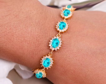 14K Gold Paraiba Tourmaline Bracelet, Sterling Silver Diamond Halo