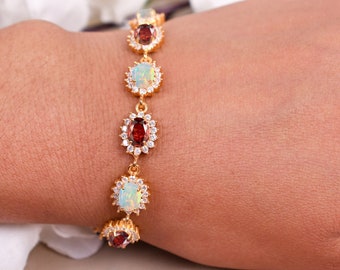 Opal With Garnet Bracelet, Tennis Bracelet, Bridal Diamond Halo Bracelet,Garnet chain Bracelet, Opal jewelry, Engagement Gift,Women Bracelet