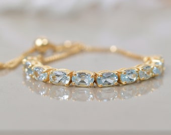14K White Gold Aquamarine Bracelet, Bolo Chain bracelet, Oval Aqua bracelet, Anniversary Gifts For Women, Adjustable Chain Bracelet, Jewelry