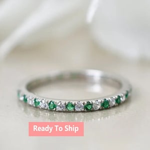 Natural Emerald With Diamond Eternity Band Ring, Stacking Matching Bands, Round Shaped Bridal Ring, Promise Ring, Birthstone Jewelry, Gifts