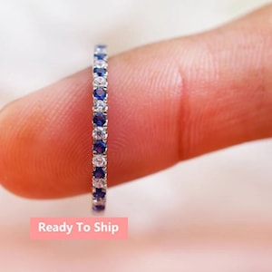 14K Blue Sapphire & Diamond Wedding Band, Full Eternity Ring, Sapphire Engagement Ring, Gifts For Daughter, Unique Jewelry, Rings For Women