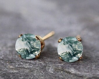 Moss agate Earring Stud Women Earring Unique Earring Round Shaped Earring Natural stone Earring Bridesmaid Gifts 14K Gold Earring Gifts