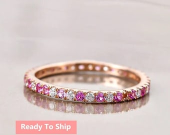Rosa safir alliansring, moissanit, vigselring i sterlingsilver