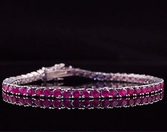 3MM Round Shaped Ruby bracelet, Tennis bracelet, Birthday Gifts, Ruby Gemstone Bracelet, Unique Bridal Wedding Jewelry, Mother Daughter Gift