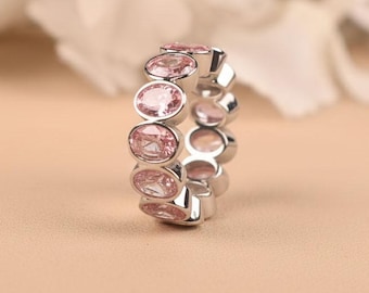Pink Sapphire Eternity Band, Oval Gemstone Ring, Sterling Silver