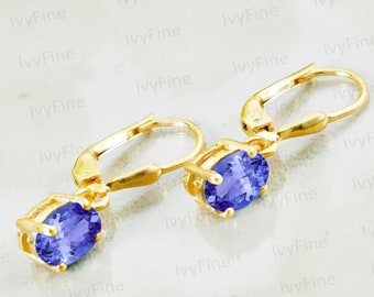 Tanzanite Dangle Earrings, 14k Gold Leverback, Bridal Jewelry