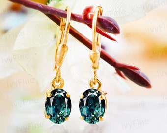 Teal Sapphire Leverback Earring, Drop And Dangle Earring, bridal Gifts For Her, Green Oval Sapphire Earring, Women Earring, Unique Jewelry