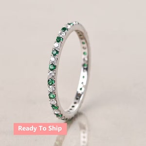 Diamond Emerald Eternity Band, White Gold Wedding Band, Natural Emerald ,Stackable Ring, Minimalist Bridal Matching Band, Gifts For Mother