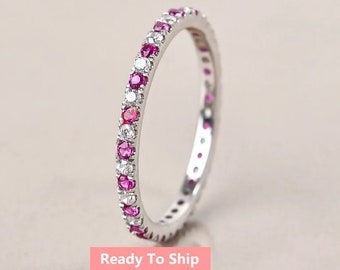 Ruby Moissanite Eternity Band, 14K Gold Stacking Ring, silver