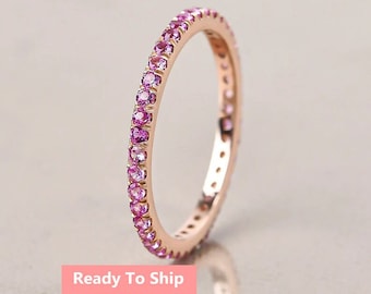 Pink Sapphire Eternity Ring, Sterling Silver Wedding Band