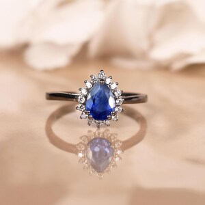 Blue Sapphire Engagement Ring, Elegant Pear cut blue Sapphire Ring, Vintage Ring, Bridal Jewelry, Anniversary gifts for her, Black Halo Ring
