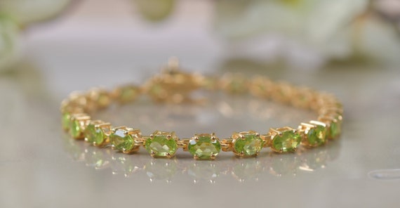 14K Peridot Yellow Gold Bracelet ,tennis Bracelet, Oval Shaped - Main Image