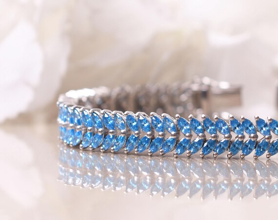 Unique Swiss Blue Topaz Bracelet, Topaz Tennis Bracelet, Bridal