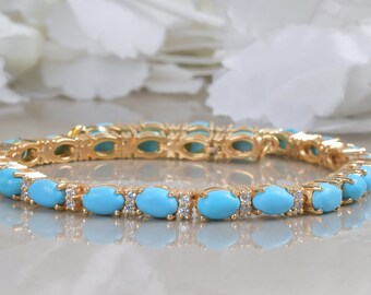 Bracelet Tennis Turquoise Et Or Jaune 14K - Longueur 7 Pouces, Cadeau Idéal Pour Elle