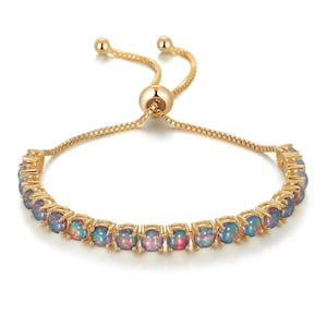 14K Gold Black Opal Bracelet, Unique Chain Bracelet, Adjustable Bolo Bracelet, Yellow Gold bracelet, Anniversary Bridal Gifts, Opal Jewelry