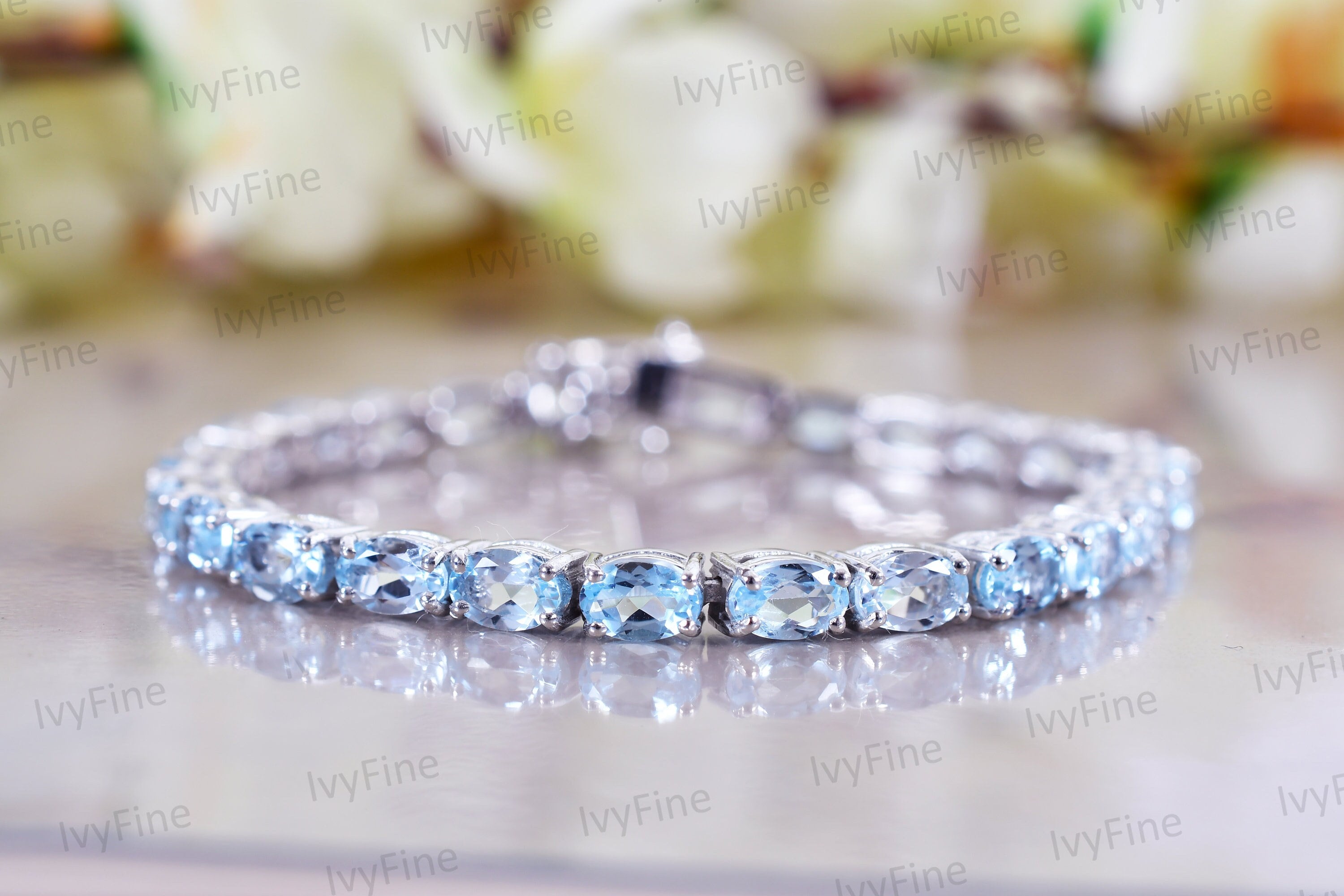 Aquamarine Bracelet Chain, Oval Cut Aquamarine Bracelets, Anniversary Birthday Gifts, Tennis Bracelets, 14K White Gold Bridal Bracelets