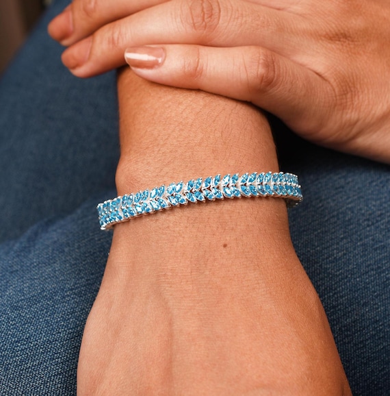 Swiss Blue Topaz Tennis Bracelet, Women Double Row Bracelet