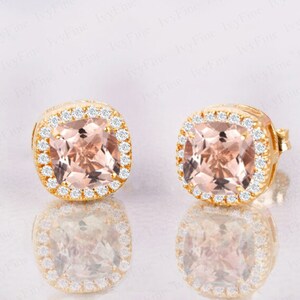 Cushion Cut Morganite earring, Earring Stud ,Halo earring, Bridal earring, Dainty Earring, Morganite Gemstone, Anniversary Gift For her