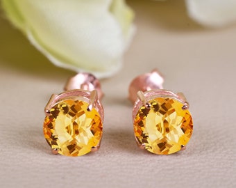 Citrine Stud Earrings, 925 Sterling Silver, 6.0MM Round Gemstone