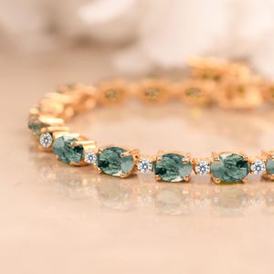 Natural Moss Agate Bracelet For Women, Oval Shape Moss Agate Tennis Bracelet, Green Gemstone Bracelet, Bridal Jewelry Birthday Gifts for her