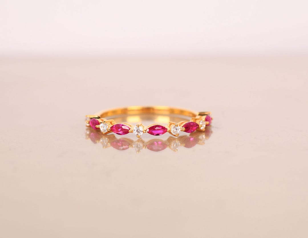 14K Solid Gold Ruby Half Eternity Wedding Band Ring, Marquise Cut ...