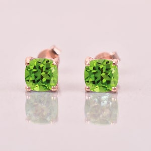 Green Peridot Earrings, Rose gold earring, Unique Peridot Cushion stud, Bridal Jewelry, birthday gifts, Women&#39;s stud earrings, Wedding gifts