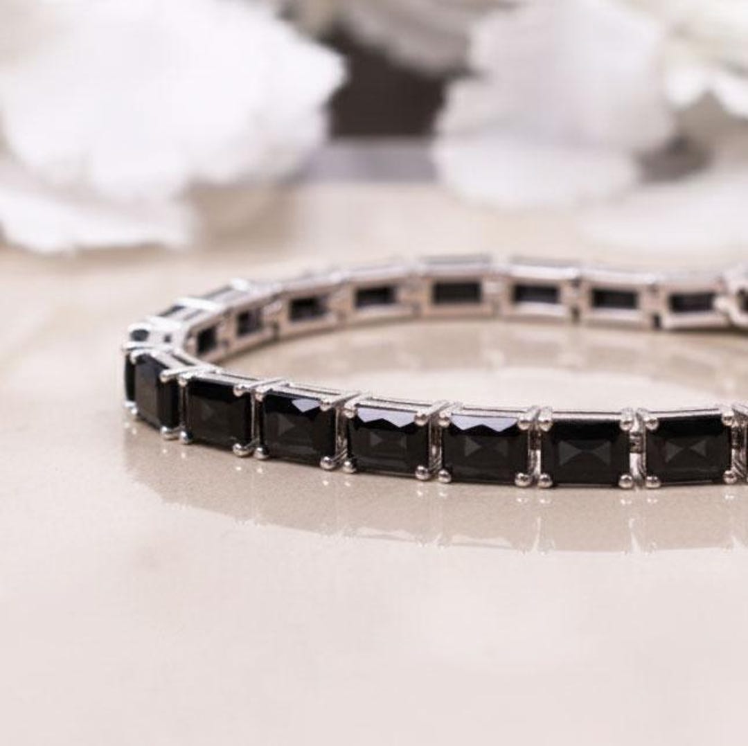 オクタゴンブラックスピネルブレスレット、スターリングシルバーテニス