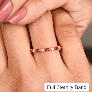 14k Gold Ruby Wedding Ring, Marquise Eternity Band, Moissanite Stacking Ring