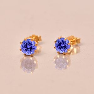 Round Tanzanite Earring, Everyday Dainty Earring, Birthday Gift For Daughter, Rose Yellow Gold Stud, Tanzanite Stud Earring, Bridesmaid Gift