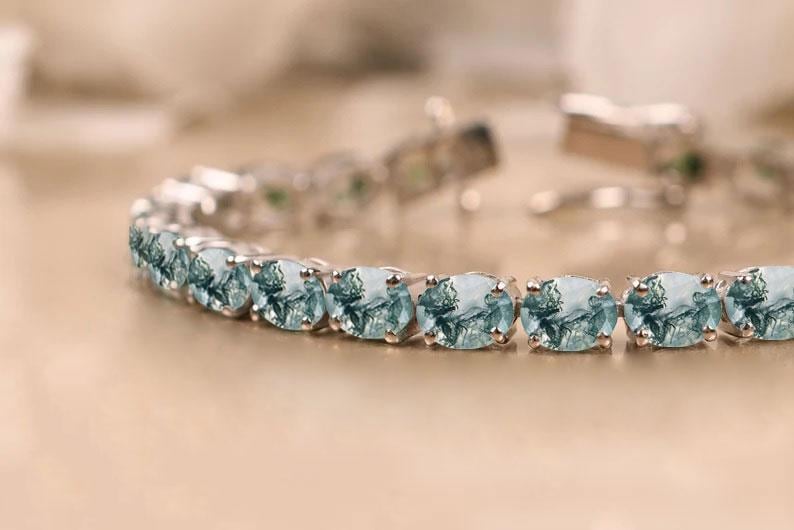 Natural Moss Agate Bracelet For Women, Oval Shape Moss Agate Tennis Bracelet, Green Gemstone Bracelet, Bridal Jewelry, Wedding Gifts for her