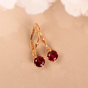 14K Gold Red Garnet Lever back Earring, Wedding Bridal Gift, Round Shape Dangle Earring, Unique Jewelry, Women&#39;s earrings, Anniversary Gifts