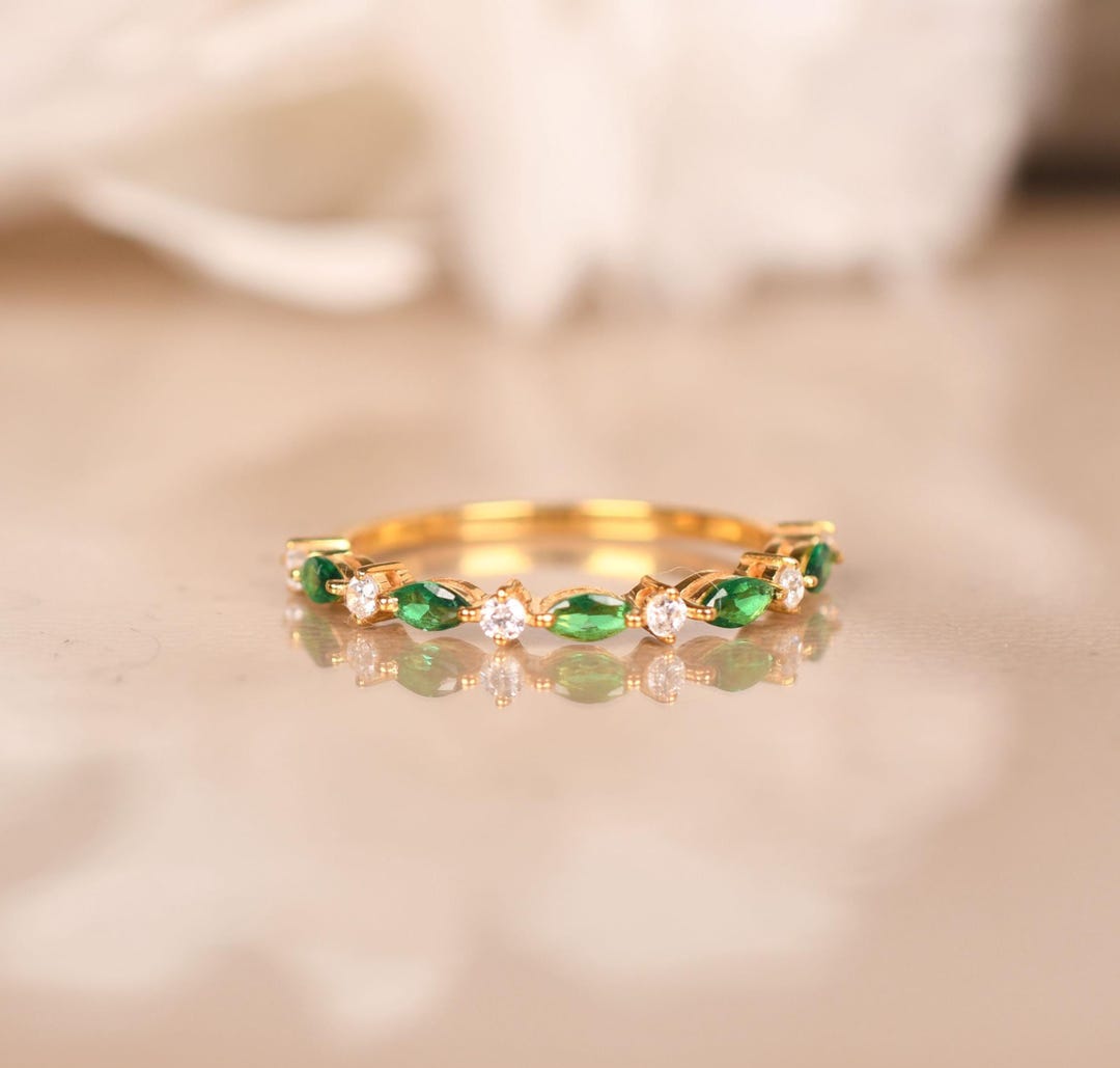 Marquise Emerald 14K Gold Wedding Band Ring, Anniversary Gift - Etsy