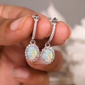 Oval Shape White Opal Lever back Earring, Opal Drop Earring, Bridal Earring Gift, Fire Opal Dangle Earrings, Opal Jewelry Gifts For Birthday