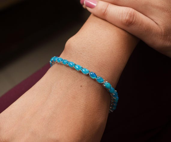 Blue Peruvian Opal Bracelet, Oval Sterling Silver Chain