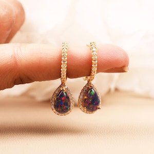 14K Black Opal Earring, Opal Drop Earring, Wedding Bridal Gifts, Pear Shaped Leverback Earring, Dangle Earring, Opal Jewelry, Gifts For Love